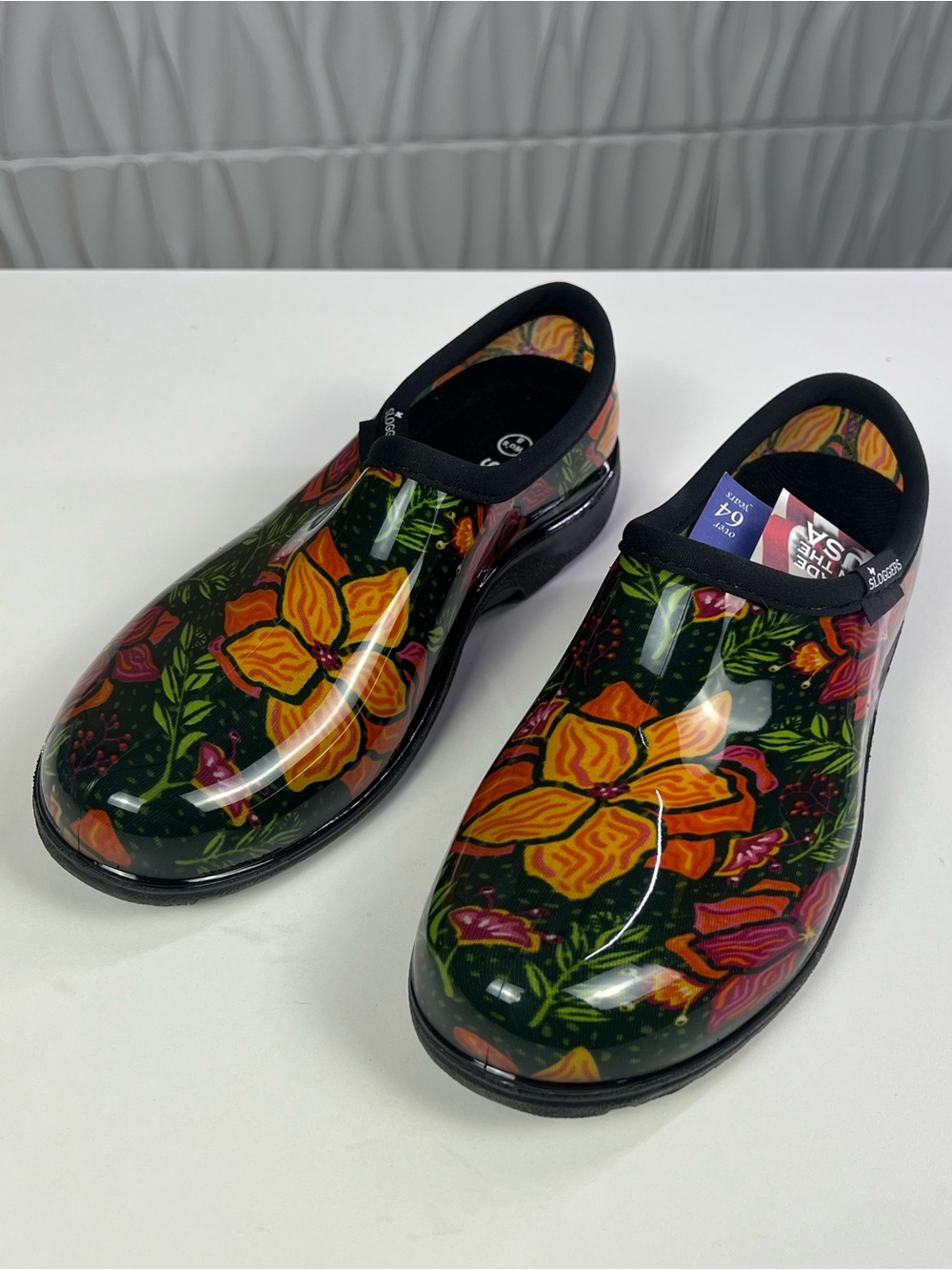 Sloggers Black Garden Clogs with Orange & Pink Floral - Size 8 - BRAND NEW